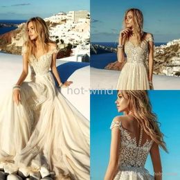 New Summer Light Champagne Wedding Dresses Boho Beach Chiffon Lace A Line Appliques Long Bridal Gowns Robe de mariee BC1819 EE