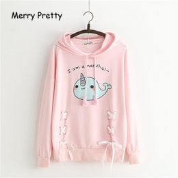 MERRY PRETTY Cartoon Unicorn Print Hooded Sweatshirts Autumn Long Sleeve Cooton Cute Pullovers Femme Lace Up Sweet Hoodies 201217