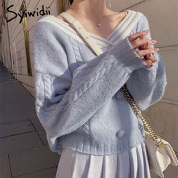 syiwidii oversize sweater women harajuku pullovers V-Neck knitted winter clothes women casual sweet preppy style korean top 201030