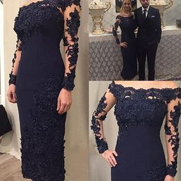 2021 Navy Blue Evening Dresses Long Sleeves Elegant Off The Shoulder Lace Applique Beaded Tea Length Plus Size Tail Party Gown Vestidos 401 401