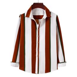 Spring Men Shirts Casual Button Up Long Sleeve Shirts Printed Striped Beach Top Fashion Slim Dress Shirt For Male