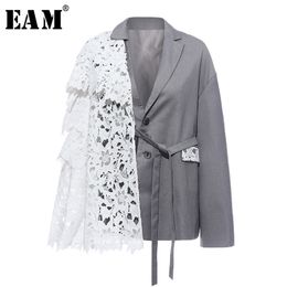 [EAM] Women Grey Lace Bandage Split Joint Blazer New Lapel Long Sleeve Loose Fit Jacket Fashion Tide Spring Autumn 1N505 201201