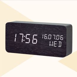 LED Wooden Alarm Clock Calendar Voice Control Table Clock Temperature Digital Despertador Desktop Electronic Clock USB/AAA Power 201222