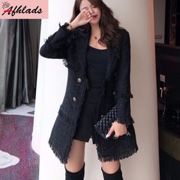 Vintage Notched Collar Tweed Tassel Patchwork Jacket Women Black Casual Double-Breasted Jackets Long Sleeve Wool Outerwear 201106