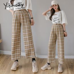 Syiwidii vintage plaid pants elastic waist pants women high waist plus size wide leg Pants Casual female korean trousers women 201119