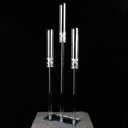 Wholesale 3 Arms Tall Crystal Wedding Candelabra Centrepieces Rectangle Base acrylic Tube Candle Holders With Lamp-chimney senyu620