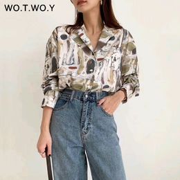 WOTWOY Spring Summer Women's Blouses 2020 Printing Buttons Turn Down Collar Casual Female Shirts Fashion Woven Top's Women T200321