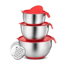 Stainless Steel Mixing Bowls With lid Handle Non-Slip Silicone Base DIY Cake Baking Mixer Bowl Salad Grater Kitchen Cooking Tool 201214