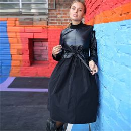 2020 Winter Pu Patchwork Sashes Dress Long Sleeve Stand Collar A Line Dress Vintage New Fashion Black Solid Elegant Knee Dresses LJ200820