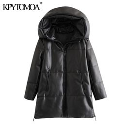 KPYTOMOA Women Fashion Thick Warm Winter Faux Leather Parkas Coat Vintage Hooded Long Sleeve Female Outerwear Chic Overcoat 201225