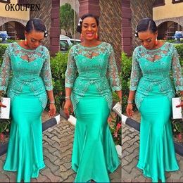 Turquoise African Mermaid Evening Dress Vintage Lace Nigeria Long Sleeves Aso Ebi Style Evening Party Gown vestidos de gala LJ201123