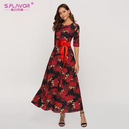 S.FLAVOR Half Sleeve Long Dress For Women Autumn Winter Fashion Casual Dress O-neck Bohemian Vestidos De 201027