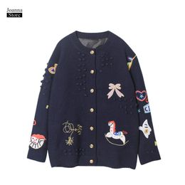 Embroidery chic cardigan women autumn winter thick sweater knit korean style plus size sweaters coat cartoon patchwork new coats LJ201114