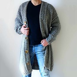 Fall Winter Men Sweater Tops Fashion Plain Casual Long Knitted Cardigan Grey Korean Loose Plus Outerwear Button Thicken Jumpers 201123