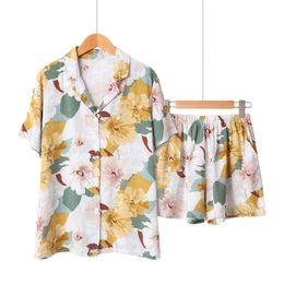 Pyjamas Set Summer New Women Turn-down Neck Shirt+Shorts 2Pcs Comfort Loose Sleepwear Floral Printed Ladies Satin Homewear Set Y200708