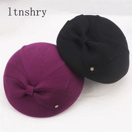 Elegant Wool bow Fedora Hats Lady British Style Soft Felt Cap Women Wedding Party Hat Vintage Cocktail Fashion Derby Fedora Y200102