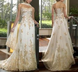 Retro Ivory And Gold Strapless Lace Wedding Dresses Bridal Gowns For Women Appliqued Beads Long Elegant Bride Dress Formal Plus Size Vintage Vestidos