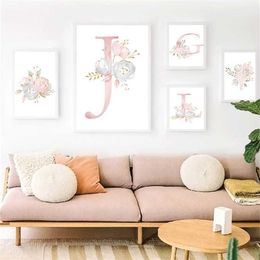 Flowers Wall Art Pictures For Girls Room Decoration Personalised Poster Baby Name Custom Canvas Painting Nursery Prints Pink 211222