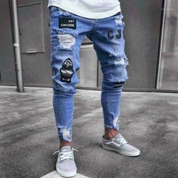 Men's Jeans Men Casual Skinny Ripped Embroidery Destroyed Holes Long Pencil Pants Stretch Distressed Slim Fit Male Denim Trousers