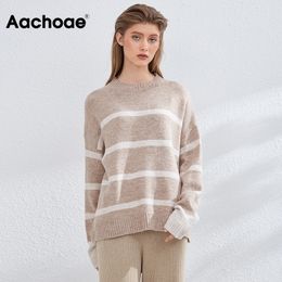 Aachoae Women Casual O Neck Striped Sweater Batwing Long Sleeve Pullover Jumper Autumn Winter Ladies Loose Knitted Tops 201030