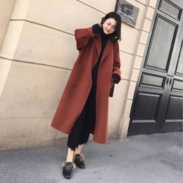 Plus Size Loose Wool Blend Coat Women Korean Fashion Solid Long Coats Autumn Winter New Lady Elegant With Belt Streetwear 201102