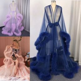 Women's Fur Robe Custom Made Soft Ruffled Long Sleeves Tulle Pajamas Dresses Maternity Sexy Party Gowns Sleepwear Bathrobes