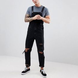 Black Overalls Mens Holes Pocket Jeans Overall Jumpsuit Streetwear Suspender Long Pants Pantalones1273G