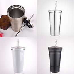Portable Tumbler Stainless Steel Solid Colour 450ml With Straw Lid Travelling Supplies Cup Woman Man Supplies Mug Daily Life 17cq K2