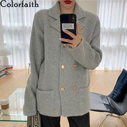 Colorfaith Autumn Winter Women's Sweaters Double Breast Knitted Turn-down Collar Button Cardigans Pockets Knitwears SWC7780 201030