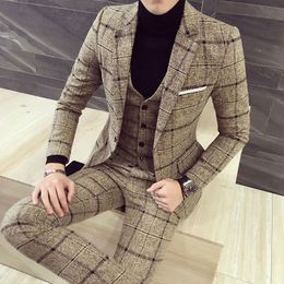 Plaid Suits Set Casual for men Wedding slim fit Groom Dress korean Fashion Business men's Suit 201105