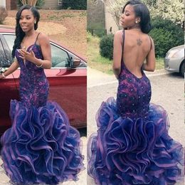 2020 Mermaid Long Prom Gowns Sexy Spaghetti Deep V Neck Backless Beads Ruffles Tiered Organza Floor Length African Evening Party Dresses