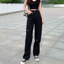 Jeans Women Denim Hole Button Pockets Loose Plus Size 5XL Black Trousers Baggy Chic Harajuku Daily Scratched Wide Leg Streetwear Y220311