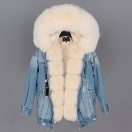 Maomaokong natural rabbit fur lined denim jacket fox fur coat coat fashion denim fox fur warm lady winter jacket women parka 201027