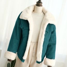 Autumn Winter Corduroy Basic Jeans Warm Lambswool Bomber Women Long Sleeve Casual Denim Jacket New 201106