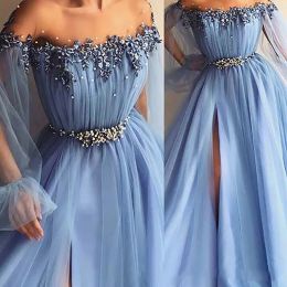 2022 Fairy Sky Blue Prom Dresses Abiti Appliques Perla A Line Geam Jewel Poeta Maniche lunghe Abiti da sera Formali Front Split Plus Size Vestidos de Fest CG001