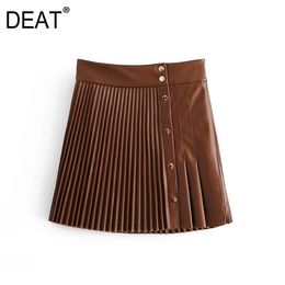 [DEAT] 2020 New Temperament Women High Waist Diagonal Button Solid Colour PU Leather Fashion Tide Women Pleated Skirt 13A7940 Y1214