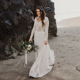 Spring Autumn Long Sleeves Beach Wedding Dresses V Neck A Line Lace Chiffon Bridal Gowns Train Mariage Country Boho Bohemian Bride Dress