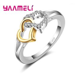 Cluster Rings Bridal Women Real 925 Sterling Silver Two Heart Connect Finger Hard Cubic Zirconia Crystal Jewelry For Wedding1