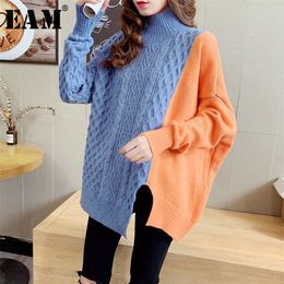 [EAM] Green Big Size Knitting Sweater Loose Fit Turtleneck Long Sleeve Women Pullovers New Fashion Tide Autumn Winter 1Y219 201223