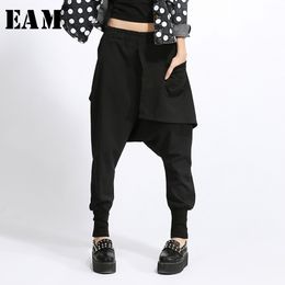 [EAM] New Spring High Elastic Waist Black Pocket Split Joint Loose Harem Pants Women Trousers Fashion Tide JH030 201228