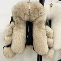 Maylofuer Women Real Fox Fur Coat Genuine Sheepskin Leather Jacket Long Sleeve 100% Natural Coats with Detachable Collar