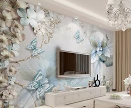 Beibehang Mural wallpaper 3d three-dimensional mediterranean flower butterfly beautiful jewelry TV background wall