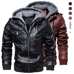 Men Vintage Motorcycle Jacket Men's Bomber Fleece Leather Jackets Thick Coat Male Winter Warm Fashion Pu Leather Outerwear 201119
