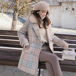 Autumn Winter Clothing Women Plaid Coat Fashion Long Woollen Coat Loose Wool Blends Women Jackets Outerwear Elegant Overcoat 201102