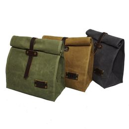 Waxed Canvas Leather Lunch Bag Plastic-Free Waterproof Lunch Box Handbag Dinner Bento Pouch for Work or School Food Storage Bags T200710