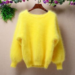 Elegant Fashion Fluffy short women winter 100% long mink cashmere angora fur warm lantern batwing long sleeves Pullover sweater 210218