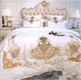 White Pink Blue European Style Luxury Royal Embroidery 80S Egyptian Cotton Bedding Set Duvet Cover Bed Linen/sheet Pillowcases T200706
