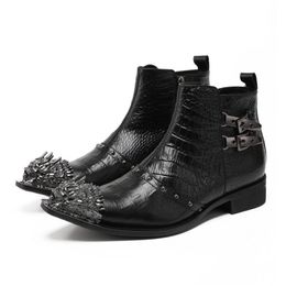 Men Boots Business Pointed Toe Ankle Boots Office Formal Dress Rivets Shoes Man Black Snake Skin Shoes Double Buckle Strap Shoes