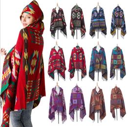 Women Bohemian Collar Plaid Hooded Blanket Caps Winter Outwear Shawl Scarf Grid Fringed Wraps Tartan Oversized Cheque Poncho Pashmina LSK2009