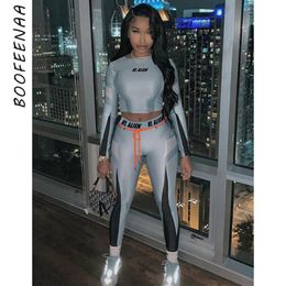 BOOFEENAA Sexy Bodycon Two Piece Set Long Sleeve Crop Top and Sweat Pants Women Clothes Winter Outfits Matching Sets C87-AF36 T200702